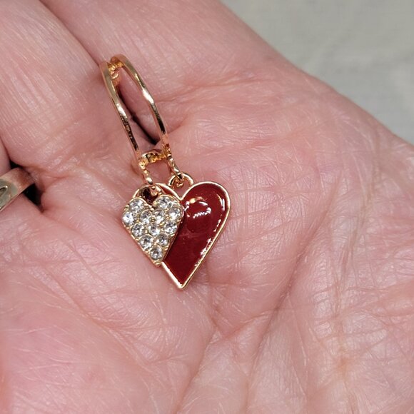 Double Heart Dangle Earrings Faux Crystal Red Silver Gold Tone .98 Inch Drop New - Picture 9 of 11